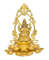 Brass Ganesha diya lamp idol with arched halo, 20 diya holders, close-up