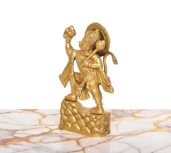 Brass Hanuman JI statue shown from side, ornate details and raised mace arm
