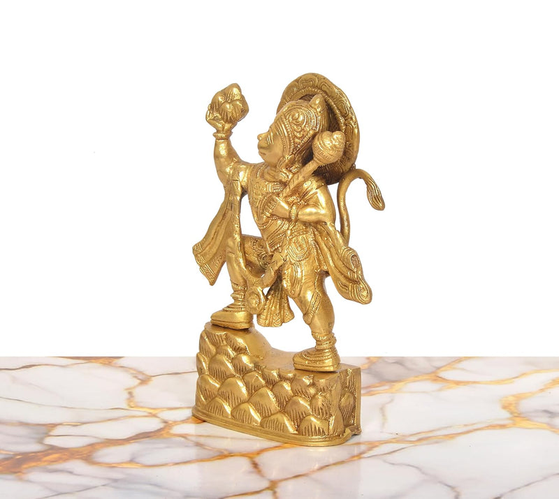 Brass Anjaneya Pavan Putra Bajrangbali Hanuman JI with Mountain Murti (Height: 8 Inch)