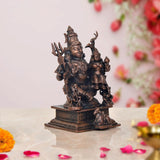 Copper Shiv Parivar showpiece statue, angled view of seated Shiva with raised weapons