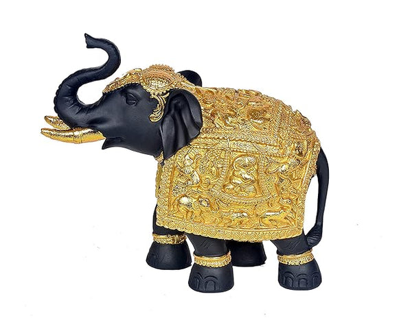 Resin Royal Elephant with Golden Carving Figurine Decorative Showpiece Home Decor Table Decor Gift Item Multicolour Height 8 Inches