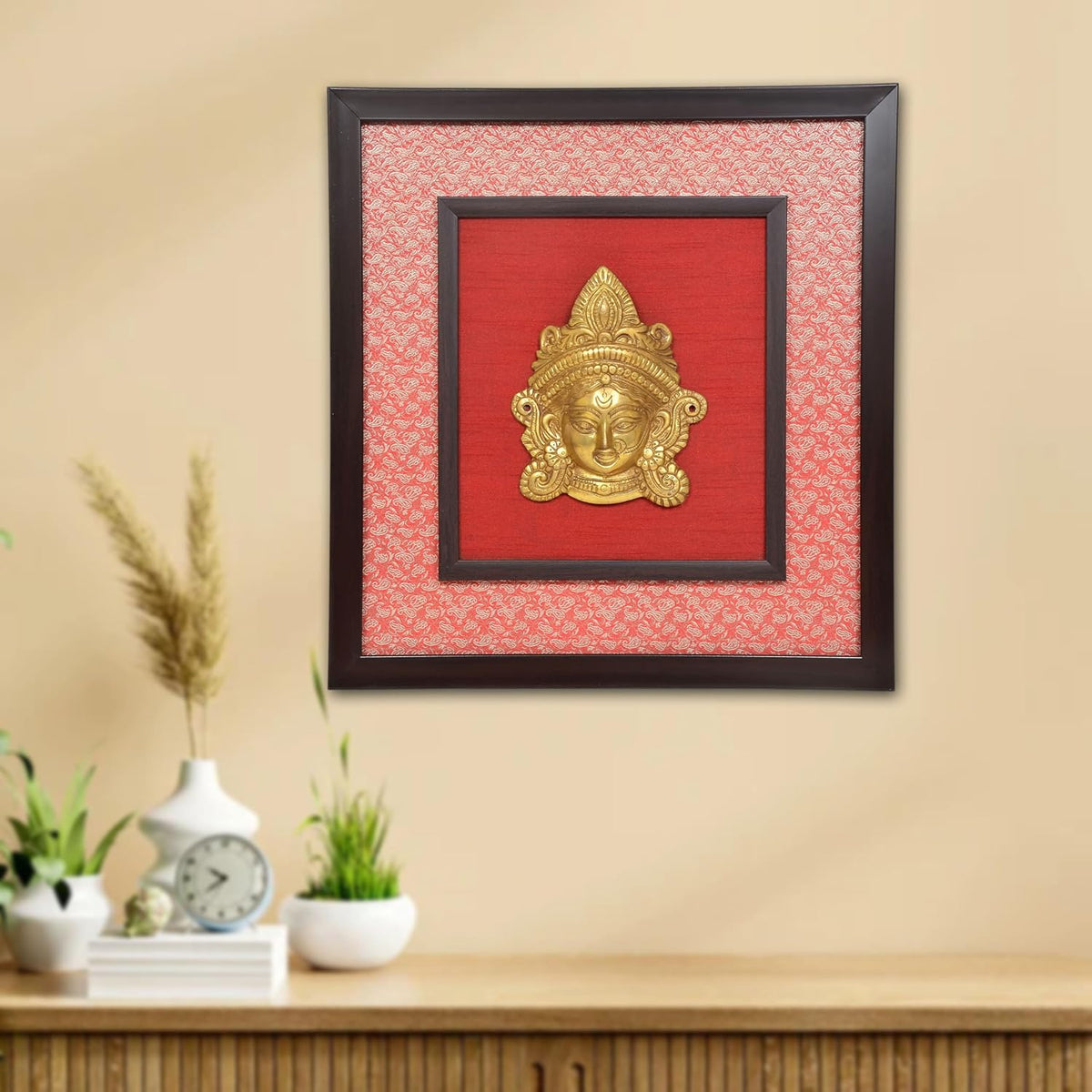 Brass Maa Durga Face Mask Idol With Frame Wall Hanging (Height 17 Inch)