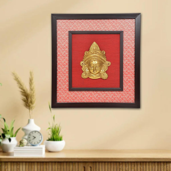 Brass Maa Durga Face Mask Idol With Frame Wall Hanging (Height 17 Inch)