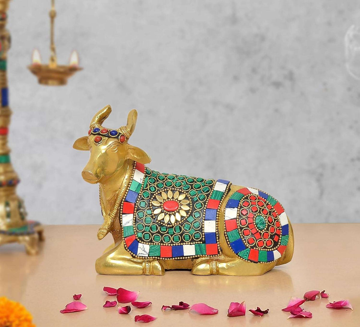 Brass seated Nandi statue with jeweled colorful saddle, 5.5 inch