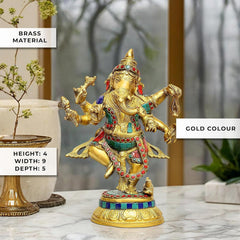 Brass Ganesha idol, gold finish, six hands, height 9 in, jeweled dance attire