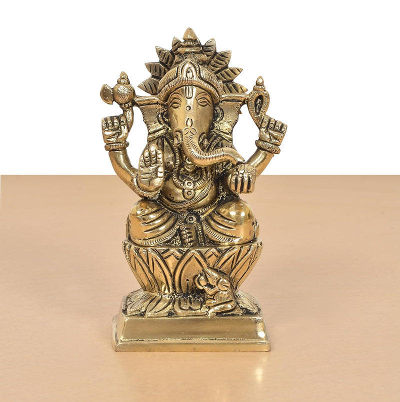 Brass Handcrafted Ganpati Bappa Murti (Height: 5 Inch)