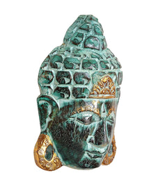 Wooden Buddha mask wall hanging, teal relief face with gold swirls at the sides