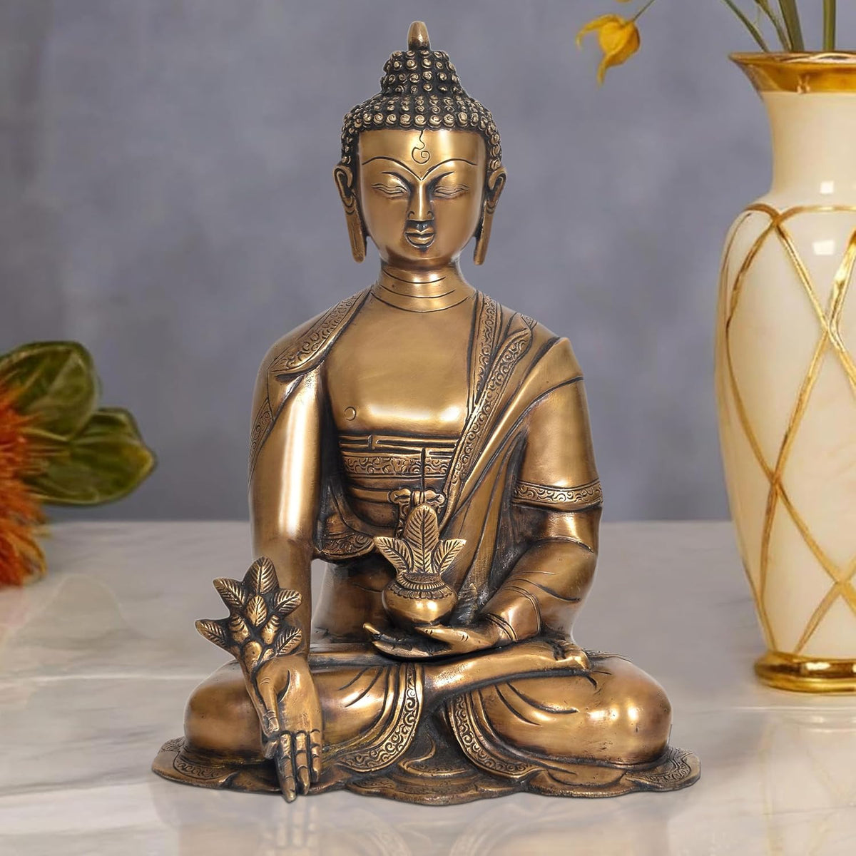 Brass meditating Buddha statue, hands in dhyan mudra, seated on lotus base