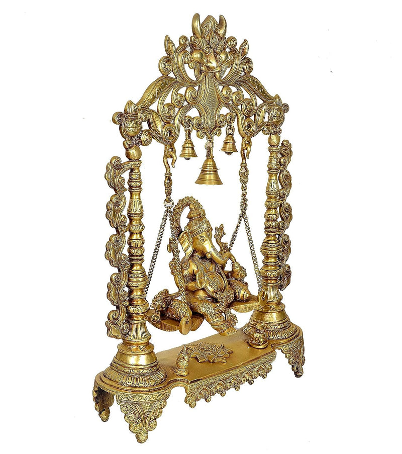 Brass Ganesha Swing Statue Idol with Bells for Home Decor | Height : 27 Inches | Weight : 17 KG (Golden)