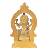 Brass Saraswati statue in halo arch, seated figure with draped robe and raised hands