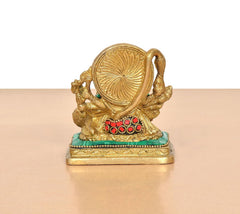 Rear view of brass Panchmukhi Hanuman idol with circular halo detail, teal base