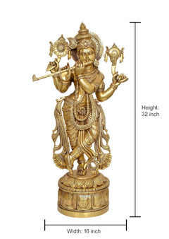 Brass Krishna statue playing flute, 32 in height and 16 in width