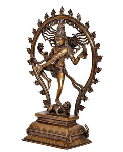 Brass dancing Lord Shiva Nataraj idol with arched halo frame and detailed pedestal