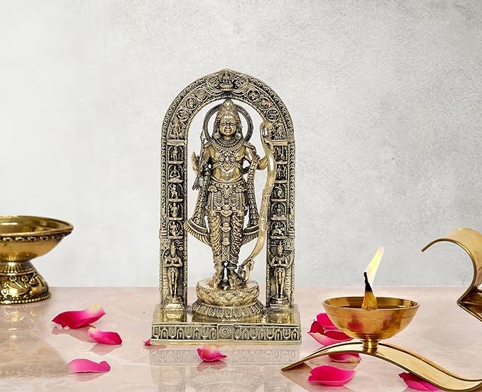 पीतल रंग की रामलला मूर्ति, सजावटी स्टैंड के साथ, 6 इंच