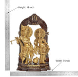 Brass Radha Krishna idol statue dimensions shown: 14 in height, 9 in width