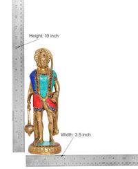 Brass Hanuman idol with height 10 in and width 3.5 in, standing with gada