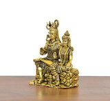 Golden brass Shiva and Parvati idol, seated view, ornate jewelry and crowns