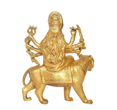 Gold brass Durga Maa on lion, back view, long hair and eight arms with weapons