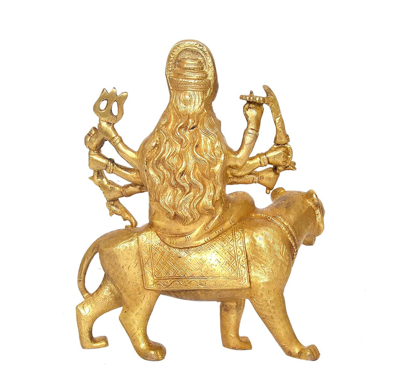 Brass Durga Maa with Lion Idol Hindu Goddess Sherawali MATA Murti MATA Rani Statue Figurine Home Temple (Height: 8 Inch) (Gold)