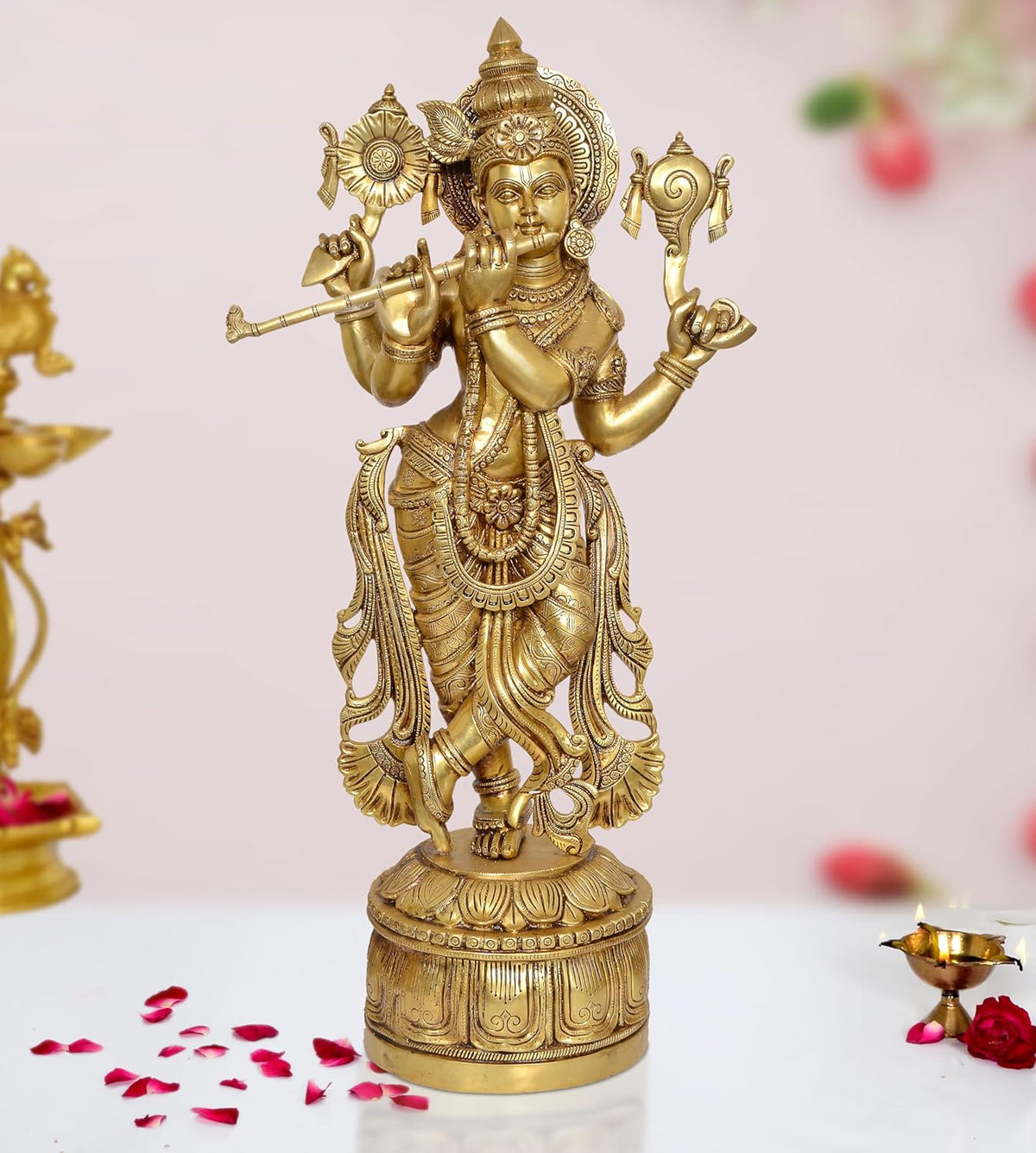 AONA brass standing Krishna statue playing flute, ornate headdress and carved base