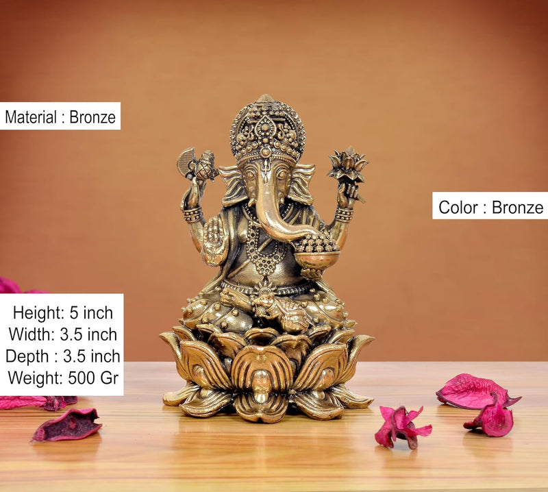 Bronze Goddess Lakshmi and Lord Ganesha Idol-Hindu Deities Figurine (Height 5 Inch)