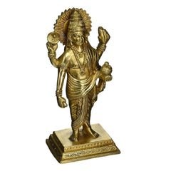 Dhanvantari brass figurine standing on pedestal, detailed draped garments