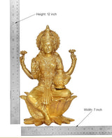 AONA brass Lakshmi statue with height and width markers; seated on lotus, 12 inch