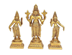 Brass Vishnu with Bhudevi & Sridevi statues, three standing figures from an angled view
