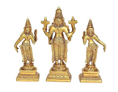 Back view of brass deity statues on square bases, 6 inch, three figures