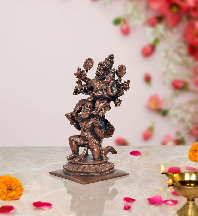 Copper Laxmi Narasimha Swamy on Garuda Laxmi Narashimar Statue for Home, Mandir Pooja Decor Idol (Height: 5 Inch)