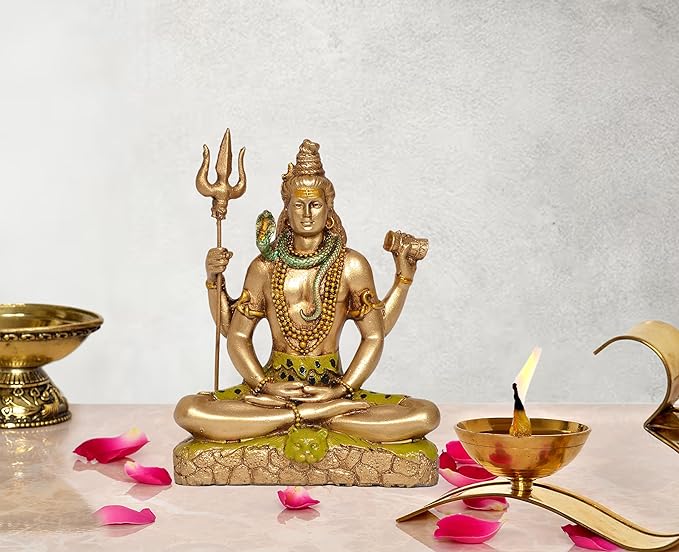 Resin Shiva Sitting with 4 Arms for Home Decor Mandir Showpiece (Bonded Bronze,Multi-Colour) Height: 6 Inches