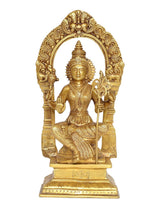AONA brass Rajarajeshvari idol, seated goddess with halo arch and staff, front