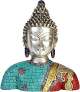 Lord Buddha bust statue front view, silver face with forehead mark and turquoise mosaic robe