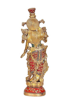 Brass Krishna statue back view with crown and ornate garment, decorative stonework, 14 in