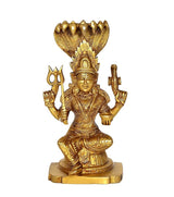 Gold brass Durga Mariamman idol with tall crown, four arms, seated on base