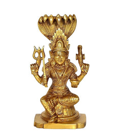 Gold brass Durga Mariamman idol with tall crown, four arms, seated on base