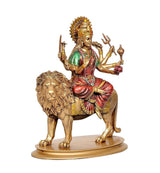 Resin Sherawali Mata murti on lion, three-quarter view with red-and-green attire