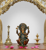 4-inch Lord Ganesha brass statue, seated with ornate crown and painted details