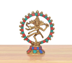 Brass Natraj Lord Shiva idol, multicolor circular halo, full figure on pedestal