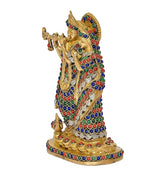 Brass Radha Krishna idol statue, side view with multicolor beadwork and pedestal