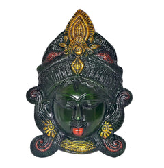 Brass Durga face idol mask, dark green face with golden crown and red mouth detail