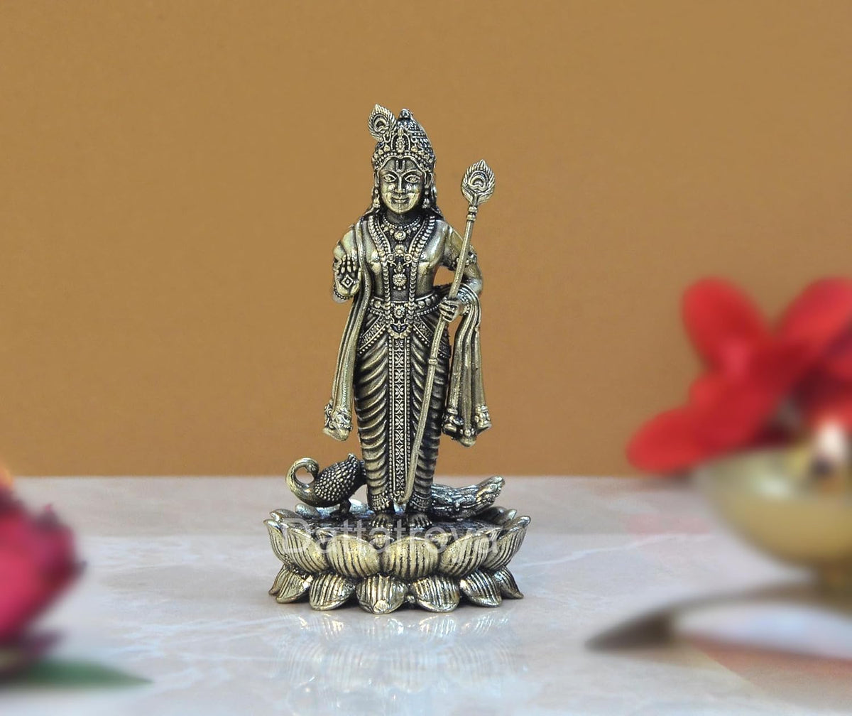 Brass Lord Kartikeya Murugan statue standing on lotus base, bronze finish, 4 inch