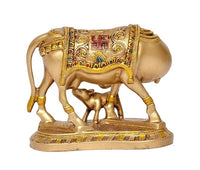 Resin cow with calf decorative figurine, richly painted back panel, pooja mandir