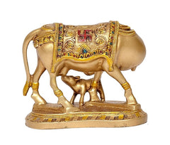 Resin cow with calf decorative figurine, richly painted back panel, pooja mandir