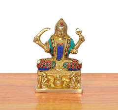 Santoshi Maa brass statue, front view with jeweled red-and-green halo and blue bodice