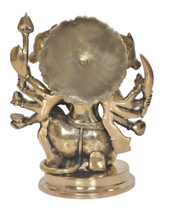 Brass back view of panchmukhi Hanuman idol figurine on round base with embossed details