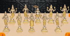 Brass Vishnu Dashavatara idol set, 9-inch tall figures on square bases