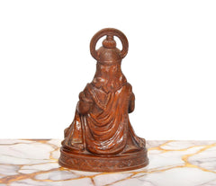 Brass Hanuman JI sitting blessing statue, 9-inch, rear angle showing draped back