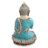 Brass Buddha statue, back view; teal mosaic robe with carved ornamental base