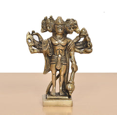 Standing Panchmukhi Hanuman brass idol, multi-face crown, raised hands on base